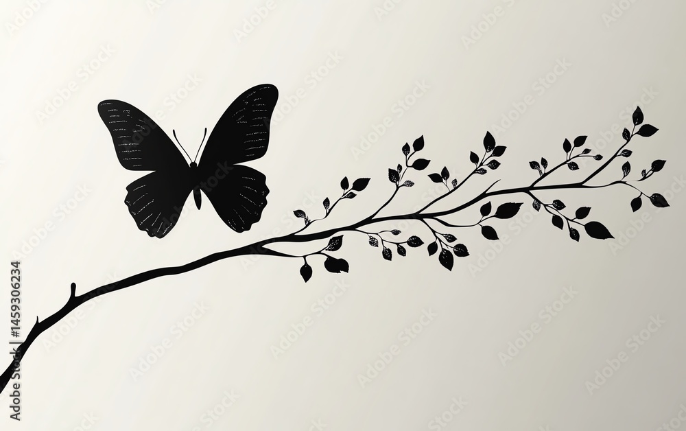 Elegant black butterfly silhouette on a branch.