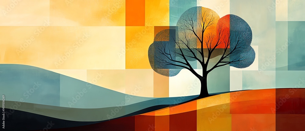 Abstract autumn tree landscape. Warm colors, geometric shapes.
