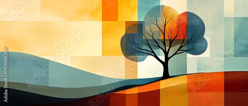 Obraz na płótnie Abstract autumn tree landscape. Warm colors, geometric shapes. w salonie
