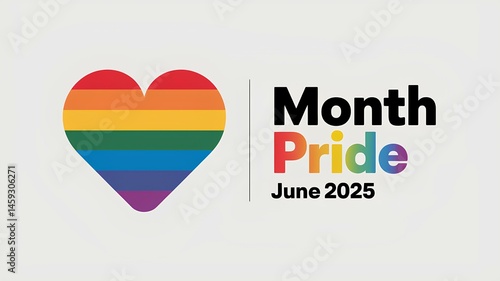 Graphic design, banner with rainbow heart and text “Pride Month, June 2025” on white background. LGBT and gender diversity symbolism.