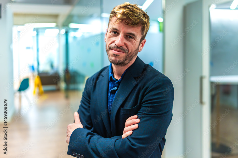 Confident businessman smiling with crossed arms in modern office