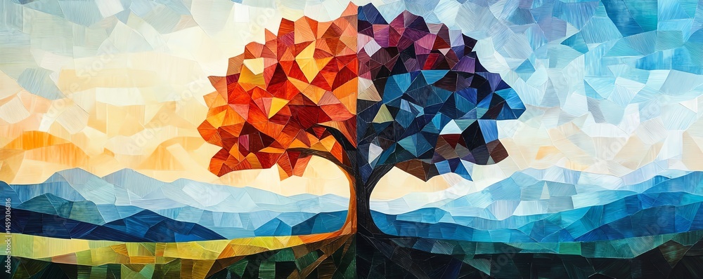 Abstract tree painting, warm and cool tones. Modern art.