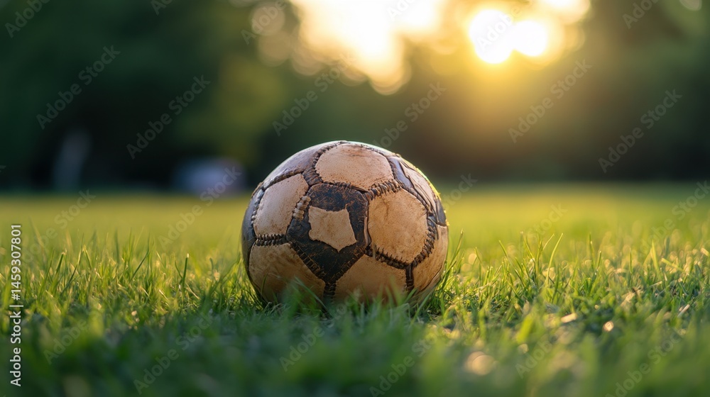 Fototapeta premium Evening sunlight reflecting on leather football placed on well-trimmed grass field