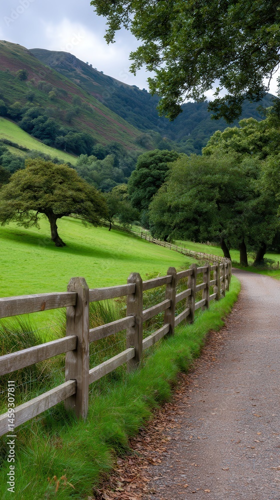 Scenic countryside path alongside wooden fence leading to verdant hills with trees under cloudy sky Scenic countryside path alongside wooden fence leading to verdant hills with trees under cloudy sky