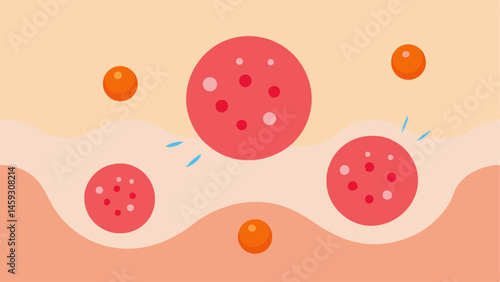Inflammation Reduction An illustration showing inflamed skin cells being calmed by exosomes represented as soothing bubbles targeting red and swollen areas of the skin.