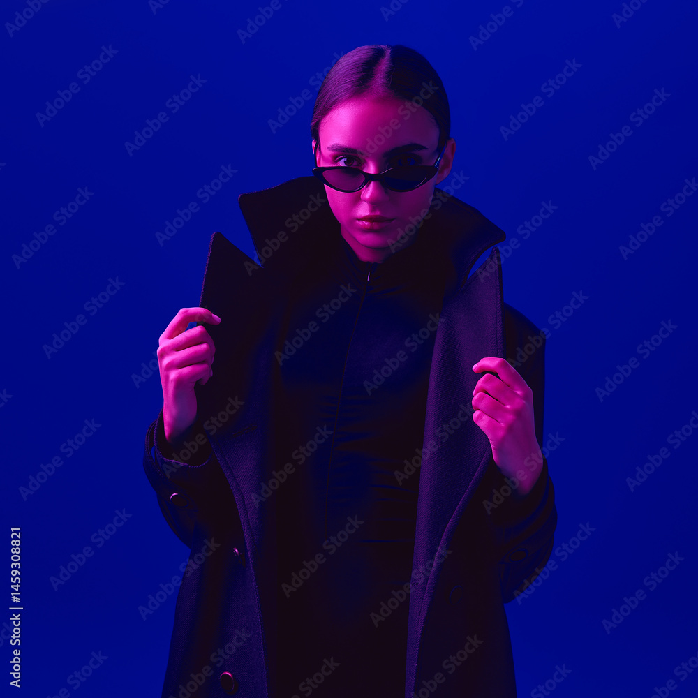 Portrait of stylish young woman in black coat and sunglasses posing with confident look against blue background in neon light. Concept of bold fashion, style, youth culture, self-expression, beauty