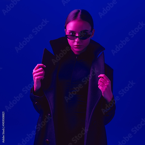 Obraz na płótnie Portrait of stylish young woman in black coat and sunglasses posing with confident look against blue background in neon light. Concept of bold fashion, style, youth culture, self-expression, beauty w salonie