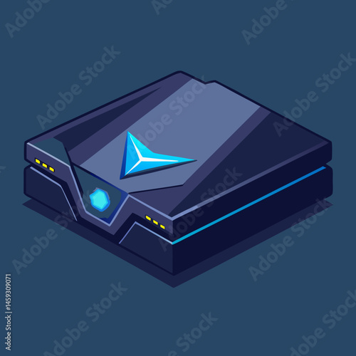 Isometric view of a video game console glowing with a blue light, showcasing its sleek design and modern features.