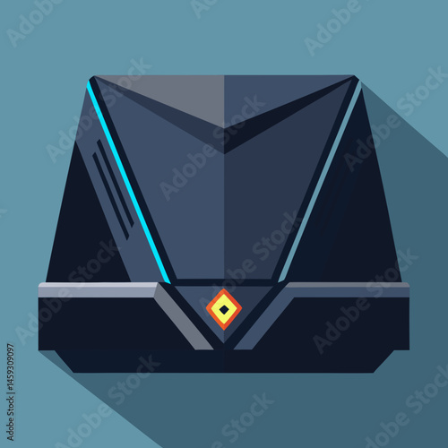 Isometric view of a video game console glowing with a blue light, showcasing its sleek design and modern features.