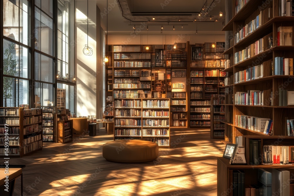 Obraz premium Sunlit Bookstore Interior with Wooden Bookshelves and Natural Light