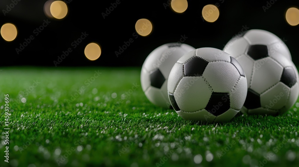 Fototapeta premium High-resolution photo of sports balls on turf with black background, ideal for sports advertisement