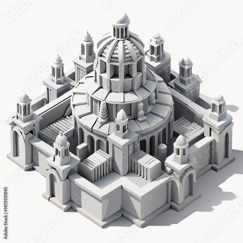 3D model of a white building featuring multiple towers against a clear background.