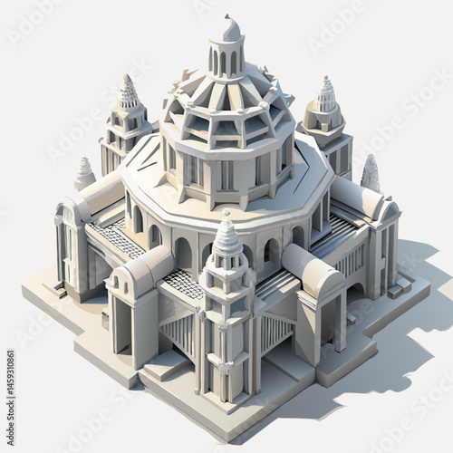 3D model of a white building featuring multiple towers against a clear background.
