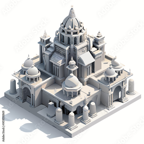 3D model of a white building featuring multiple towers against a clear background.