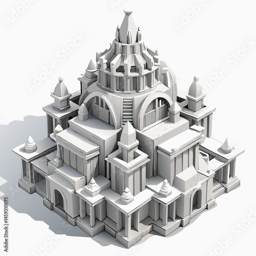 3D model of a white building featuring multiple towers against a clear background.