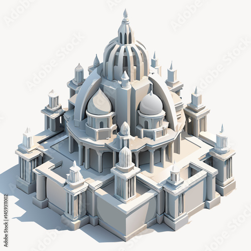 3D model of a white building featuring multiple towers against a clear background.