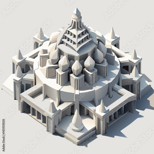3D model of a white building featuring multiple towers against a clear background.