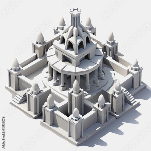 3D model of a white building featuring multiple towers against a clear background.