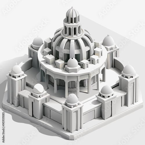 3D model of a white building featuring multiple towers against a clear background.