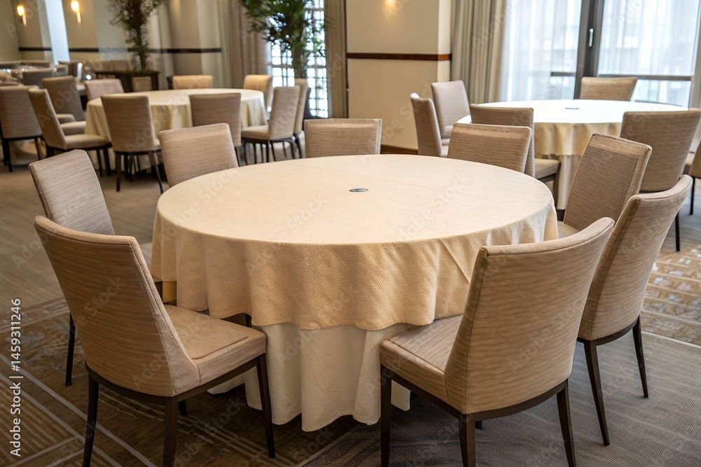 Dining chairs around round table with neutral cloth Dining chairs around round table with neutral cloth