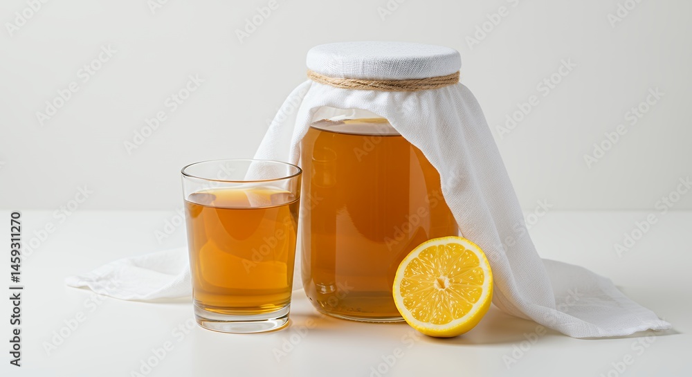 Kombucha Drink with Lemon on White Surface Kombucha Drink with Lemon on White Surface