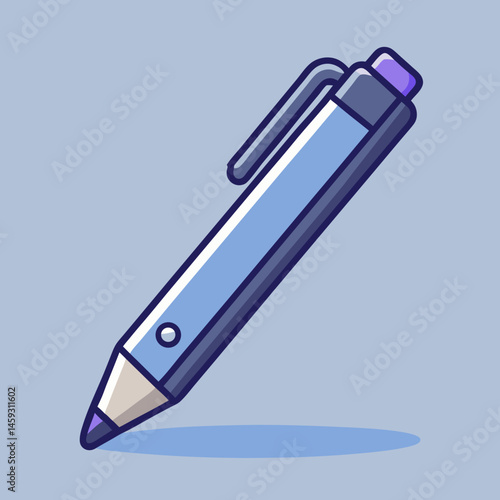 A purple pen resting on a vibrant blue background.