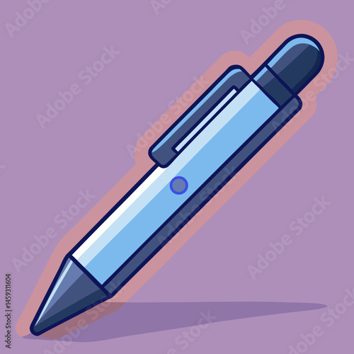 A purple pen resting on a vibrant blue background.
