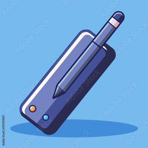 A purple pen resting on a vibrant blue background.