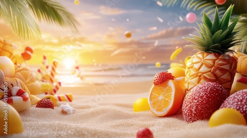 Summer beach fruit candy scene vibrant pineapple orange strawberry