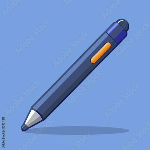A purple pen resting on a vibrant blue background.