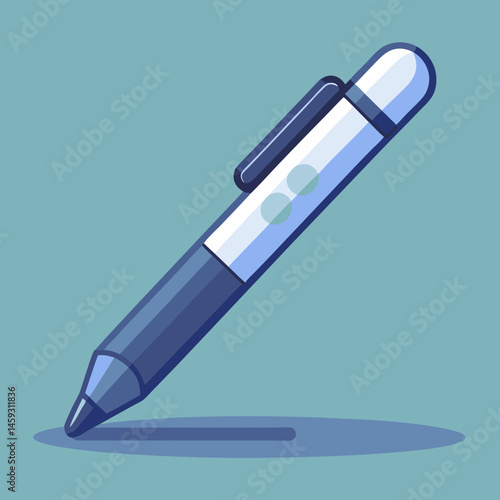 A purple pen resting on a vibrant blue background.