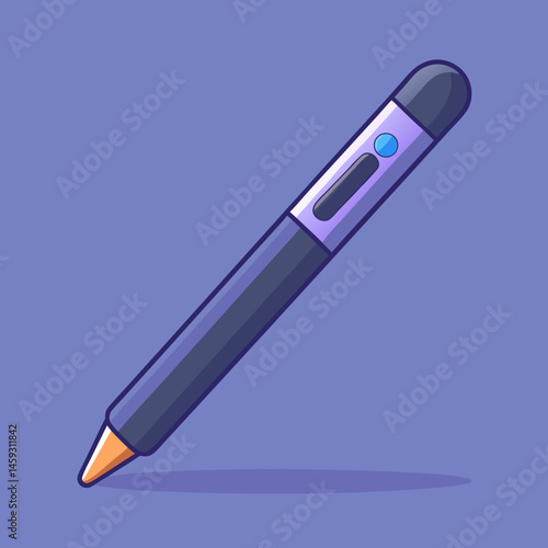 A purple pen resting on a vibrant blue background.
