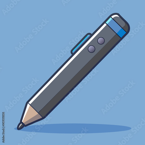 A purple pen resting on a vibrant blue background.