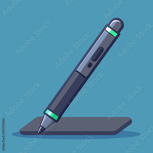 A purple pen resting on a vibrant blue background.