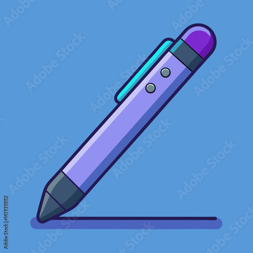 A purple pen resting on a vibrant blue background.