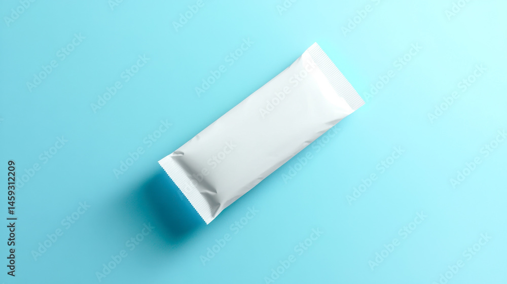 White protein bar mockup with editable label on blue background showcasing clean design White protein bar mockup with editable label on blue background showcasing clean design
