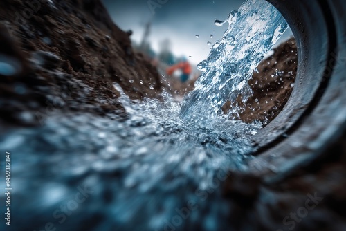 Close-up view of underground water supply and sewerage system pipeline works
