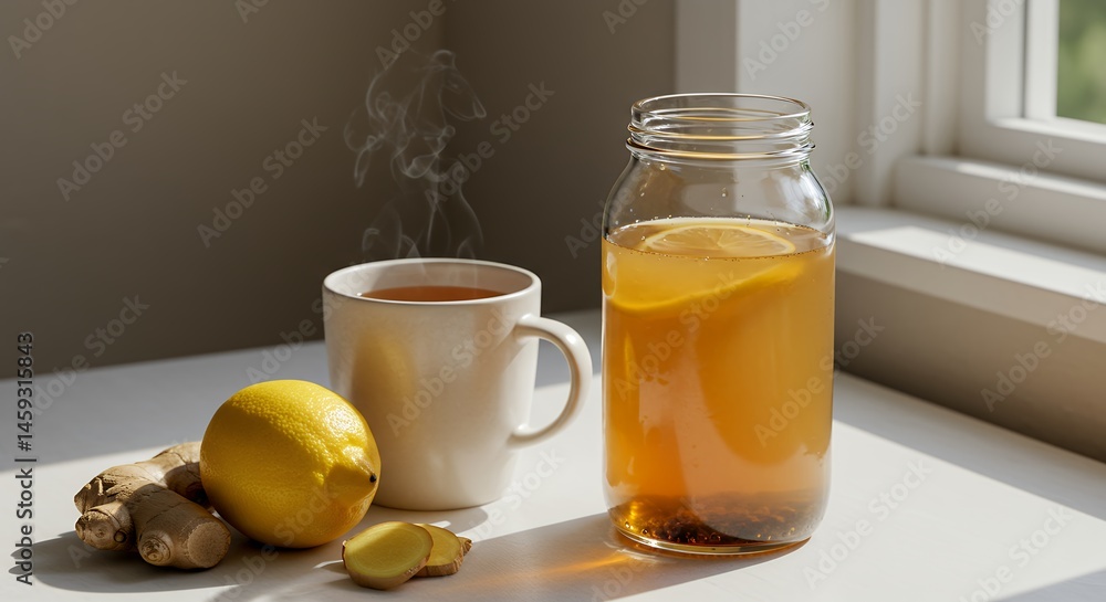Lemon Ginger Tea with Cup Jar Lemon Slices Lemon Ginger Tea with Cup Jar Lemon Slices