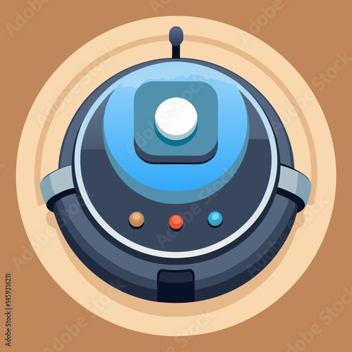 Robot vacuum cleaner icon on a blue background, symbolizing modern home cleaning technology.