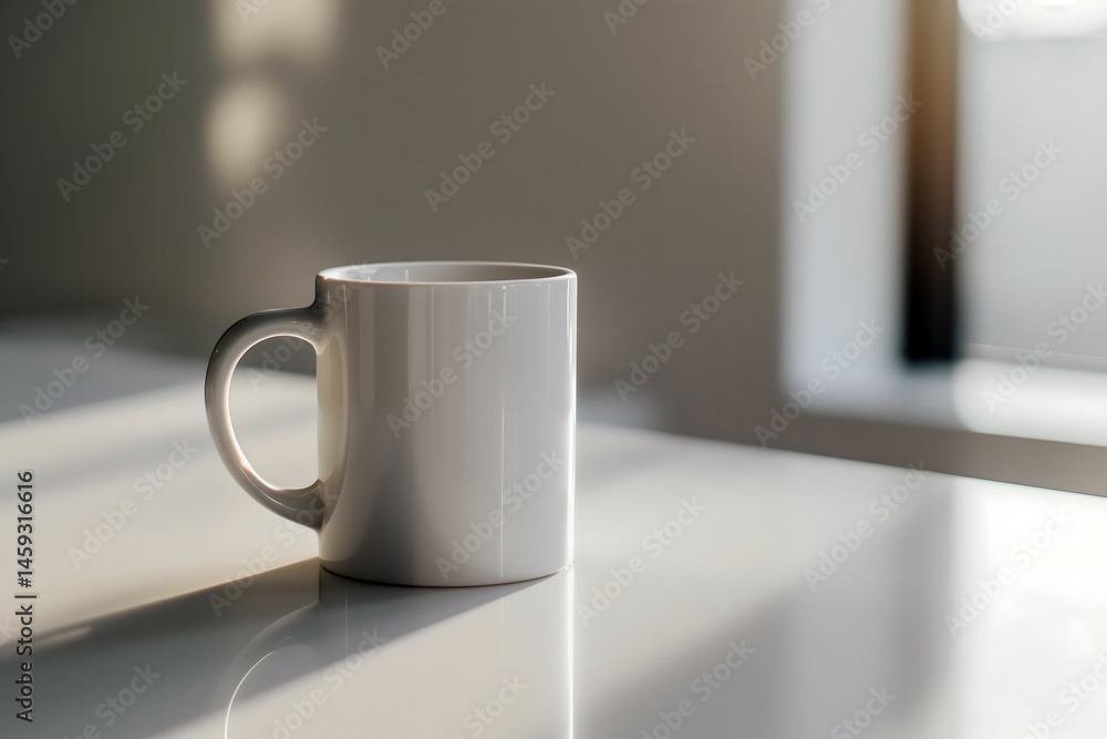 White ceramic mug in soft morning light near window White ceramic mug in soft morning light near window