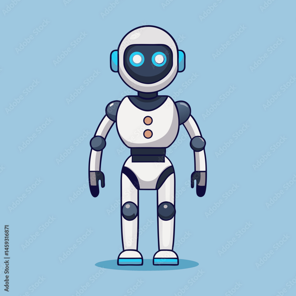 Robot with blue eyes wearing a sleek blue suit, standing confidently against a neutral background. Robot with blue eyes wearing a sleek blue suit, standing confidently against a neutral background.