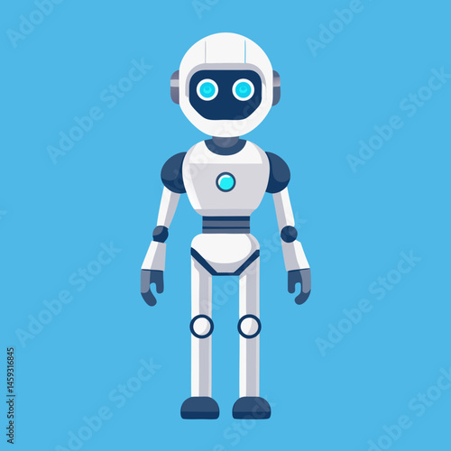Robot with blue eyes wearing a sleek blue suit, standing confidently against a neutral background.