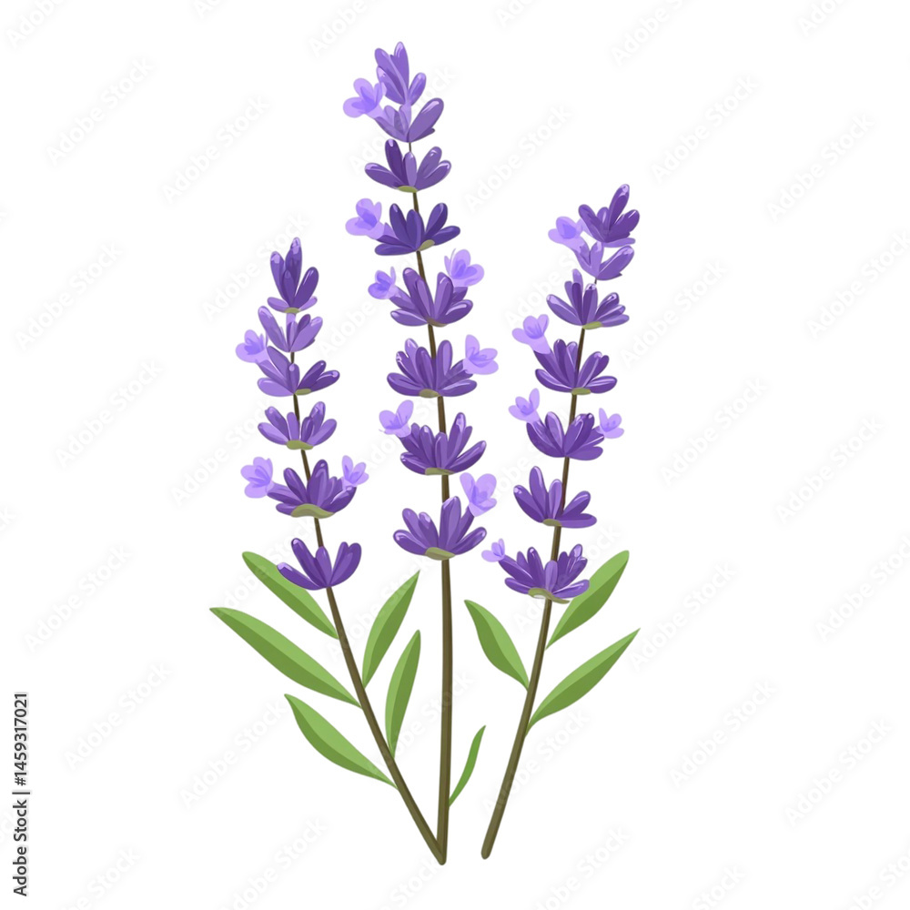 Obraz premium Three lavender stalks with purple flowers and green leaves on a black background a botanical illustration
