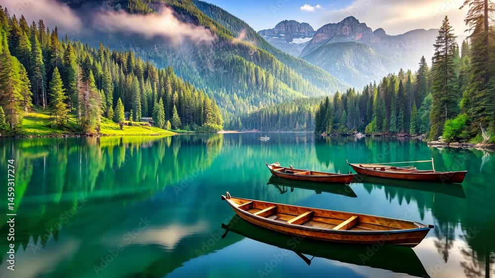 Serene Lake Reflections Wooden Boats Resting on Emerald Waters Amidst a Majestic Mountain Landscape Serene Lake Reflections Wooden Boats Resting on Emerald Waters Amidst a Majestic Mountain Landscape