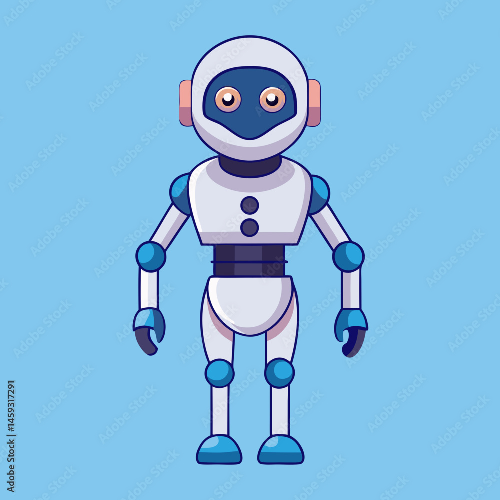Fototapeta premium Robot with blue eyes wearing a sleek blue suit, standing confidently against a neutral background.