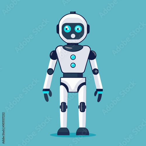 Robot with blue eyes wearing a sleek blue suit, standing confidently against a neutral background.