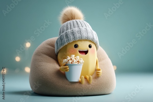 Cute Banana Character in a Beanbag Chair Enjoying Popcorn, 3D Render, Illustration