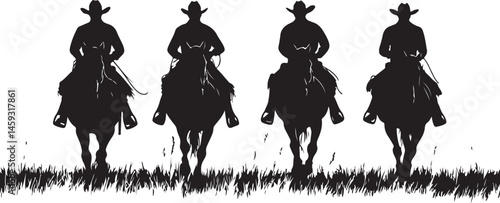 Silhouettes of Four Horse Riders on a Hill