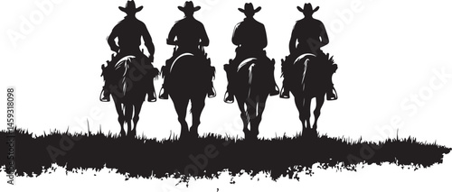 Silhouettes of Four Horse Riders on a Hill