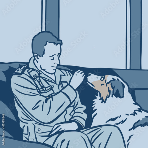 Australian Shepherd warmly welcomes a returning soldier in uniform, capturing a heartfelt homecoming moment.